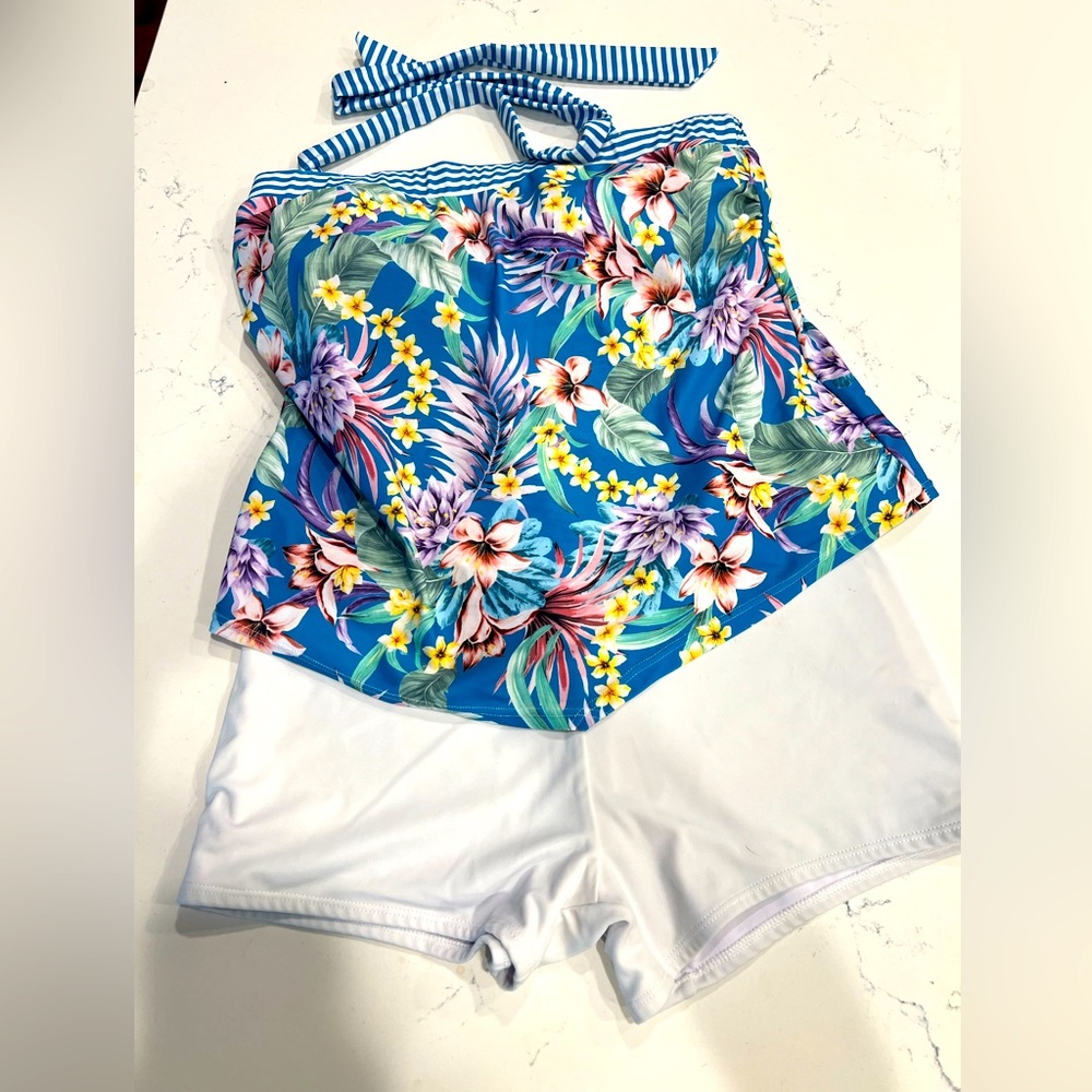 Venus Blue Floral Tankini with White Short Bottoms